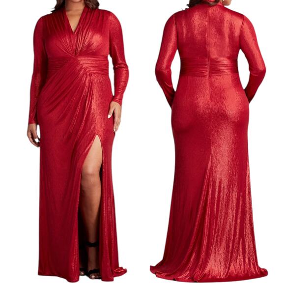 Tadashi Shoji Metallic Long Sleeve Evening Gown Deep Red Size XXL - Picture 2 of 14